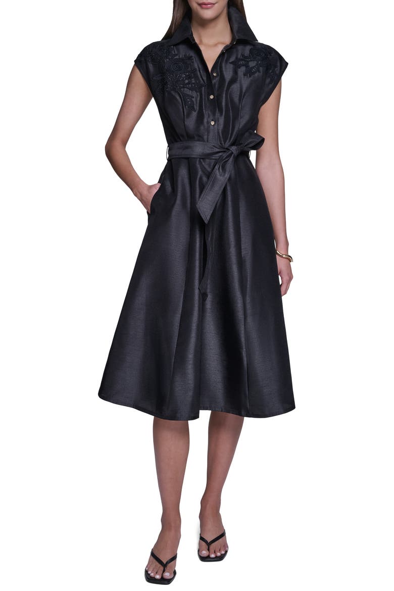 Appliqué Tie Waist Shirtdress, Alternate, color, BLACK