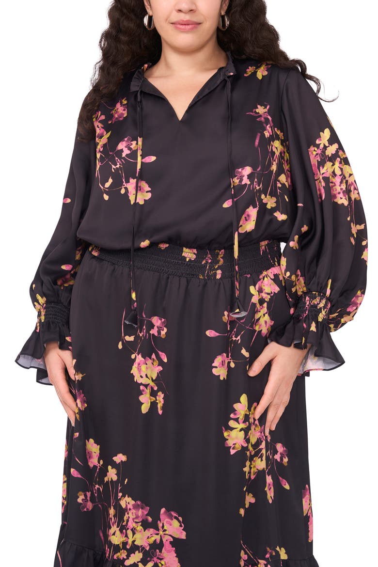 Floral Print Long Sleeve Maxi Dress, Alternate, color, RICH BLACK
