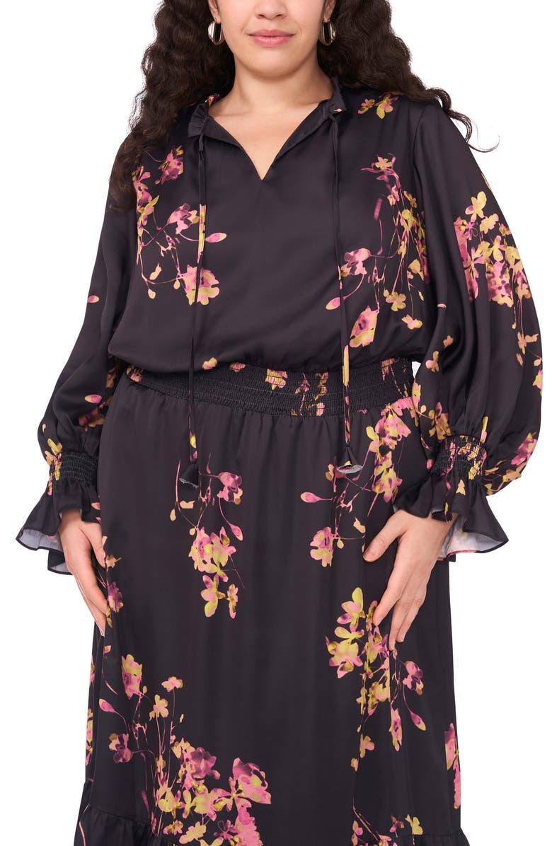 Vince Camuto Floral Print Long Sleeve Maxi Dress, Alternate, color, Rich Black