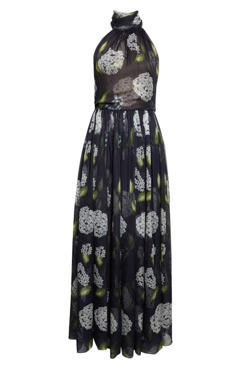 Porcelain Flowers Pleated Silk Chiffon Gown