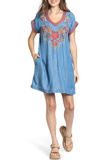 Apny Boho Floral Embroidered Popover Dress In Multi