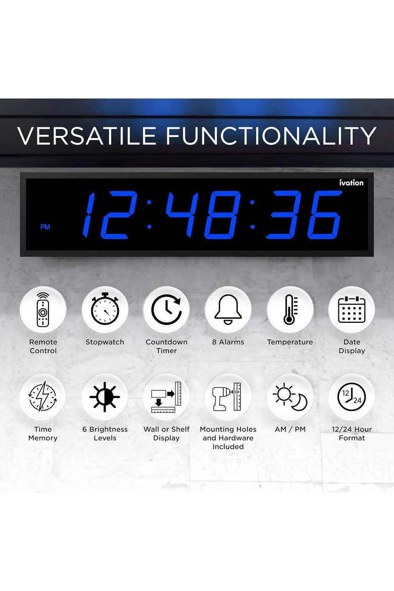 Large Digital Clock, 72 Led Wall Clock with Stopwatch, Alarms, Timer, Temp & Remote, Alternate, color, Blue