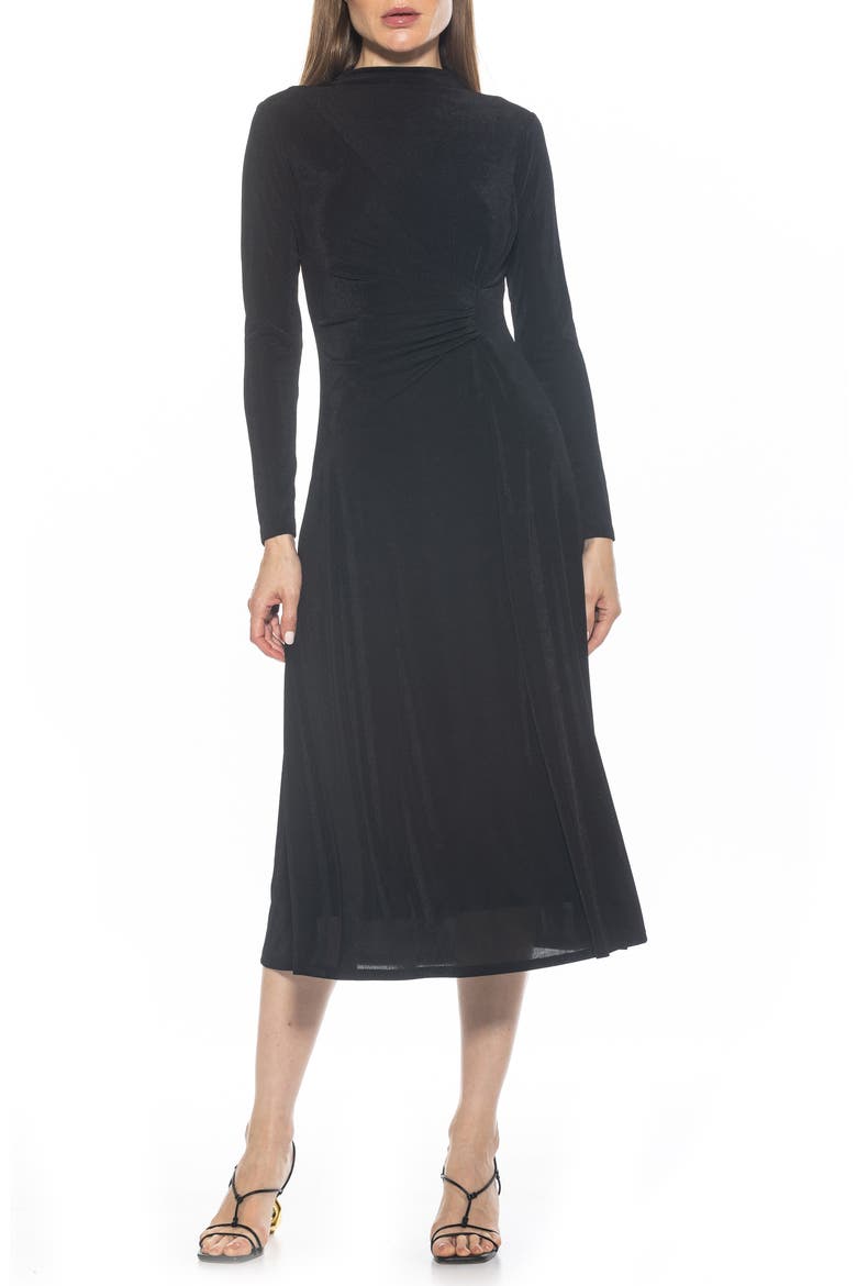 Marla Long Sleeve Draped Midi Dress, Main, color, BLACK