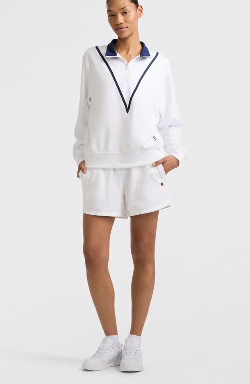 Champion Yearbook Quarter Zip Fleece Sweatshirt In White/sail Away Navy