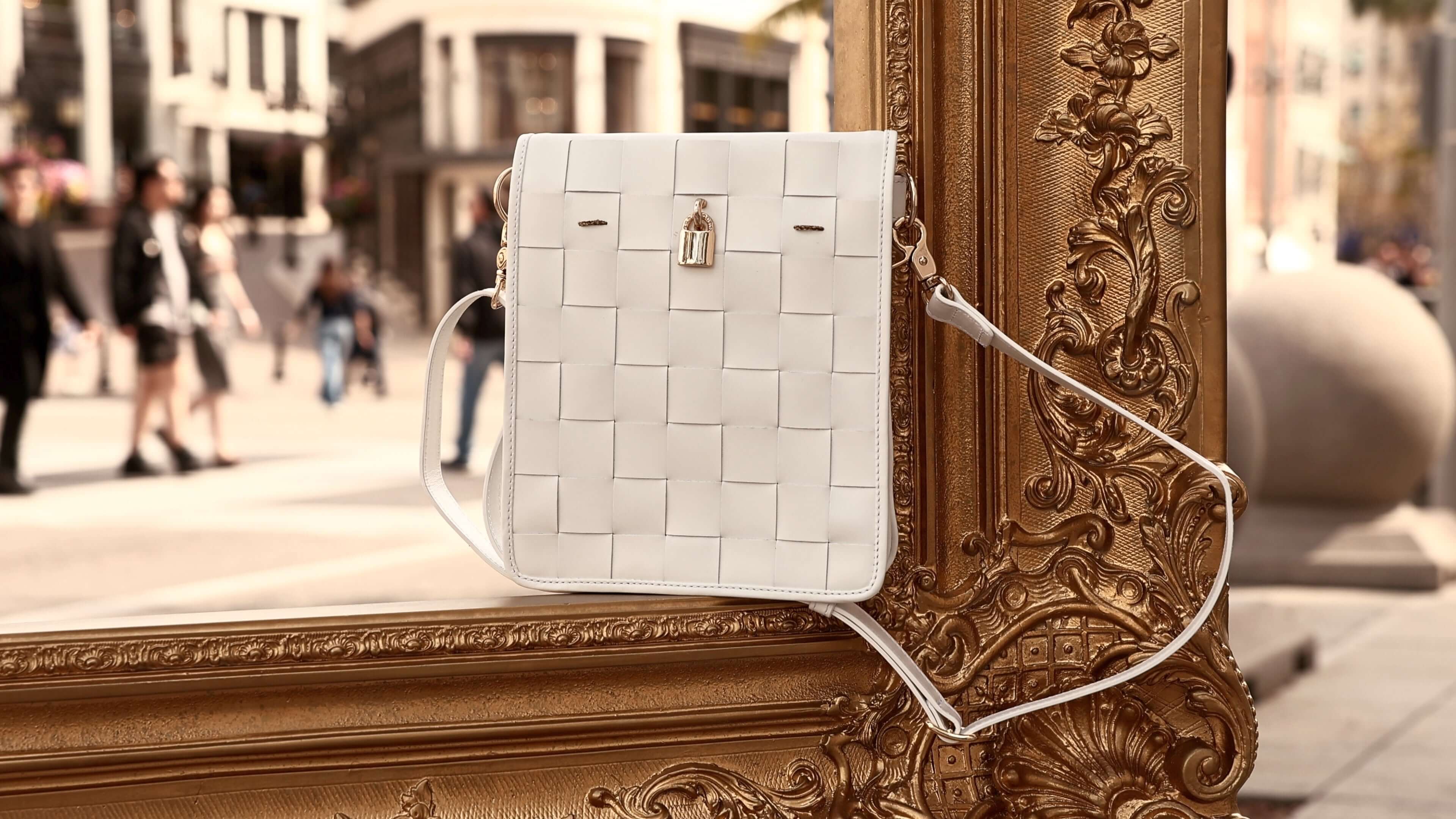 Woven Leather Lock Crossbody Bag, Alternate, color, White