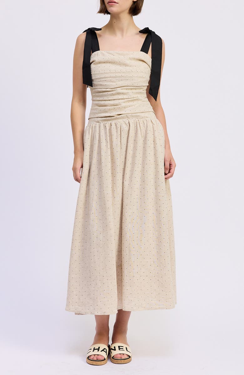 En Saison Blakely Pin Dot Tie Strap Midi Dress, Main, color, Natural Black