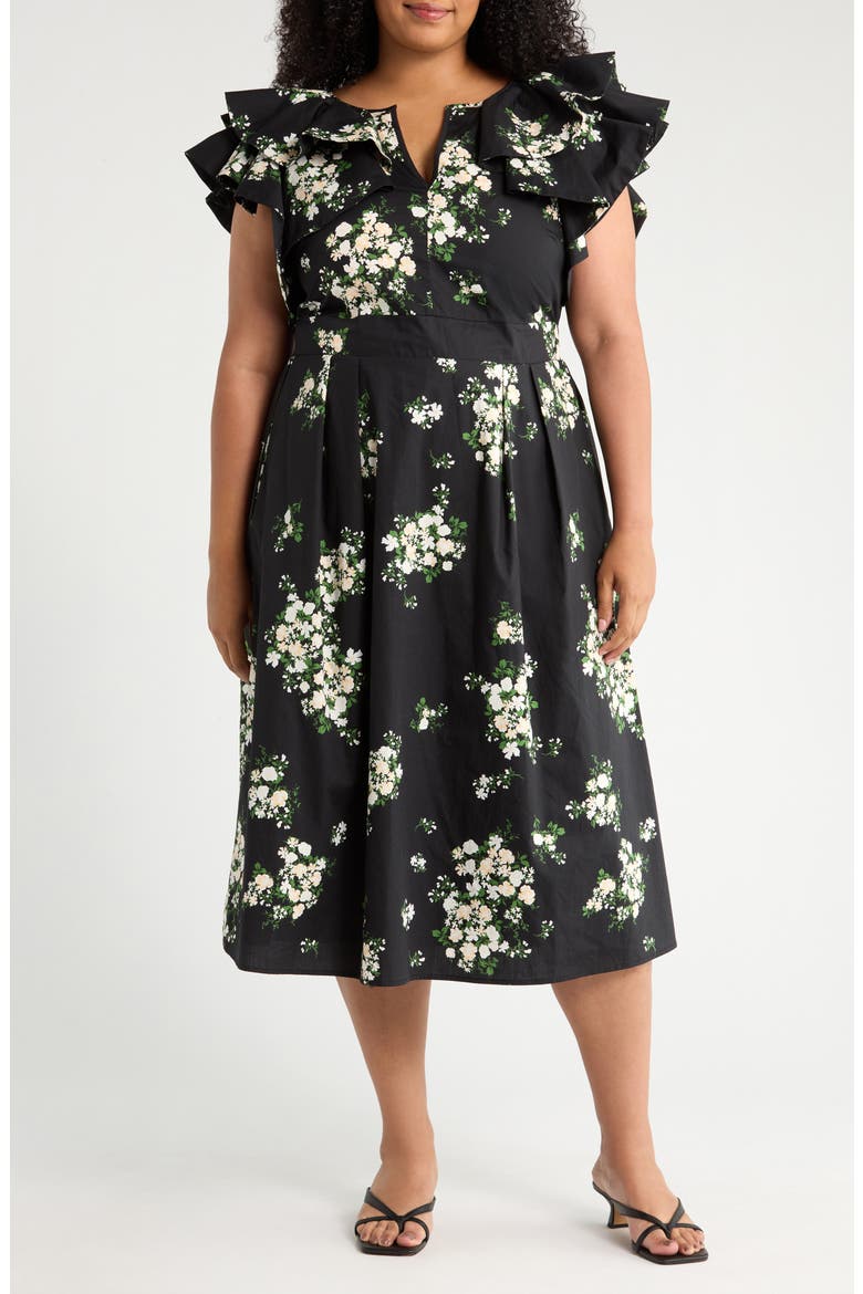 Emery Floral Santana Tie Back Cotton Midi Dress, Main, color, BLACK/ TAUPE