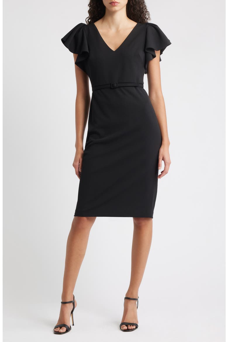 Belted Flutter Sleeve Sheath Dress, Main, color, ANNE BLACK