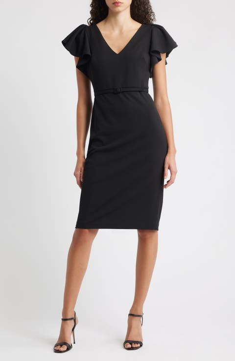 Belted Flutter Sleeve Sheath Dress