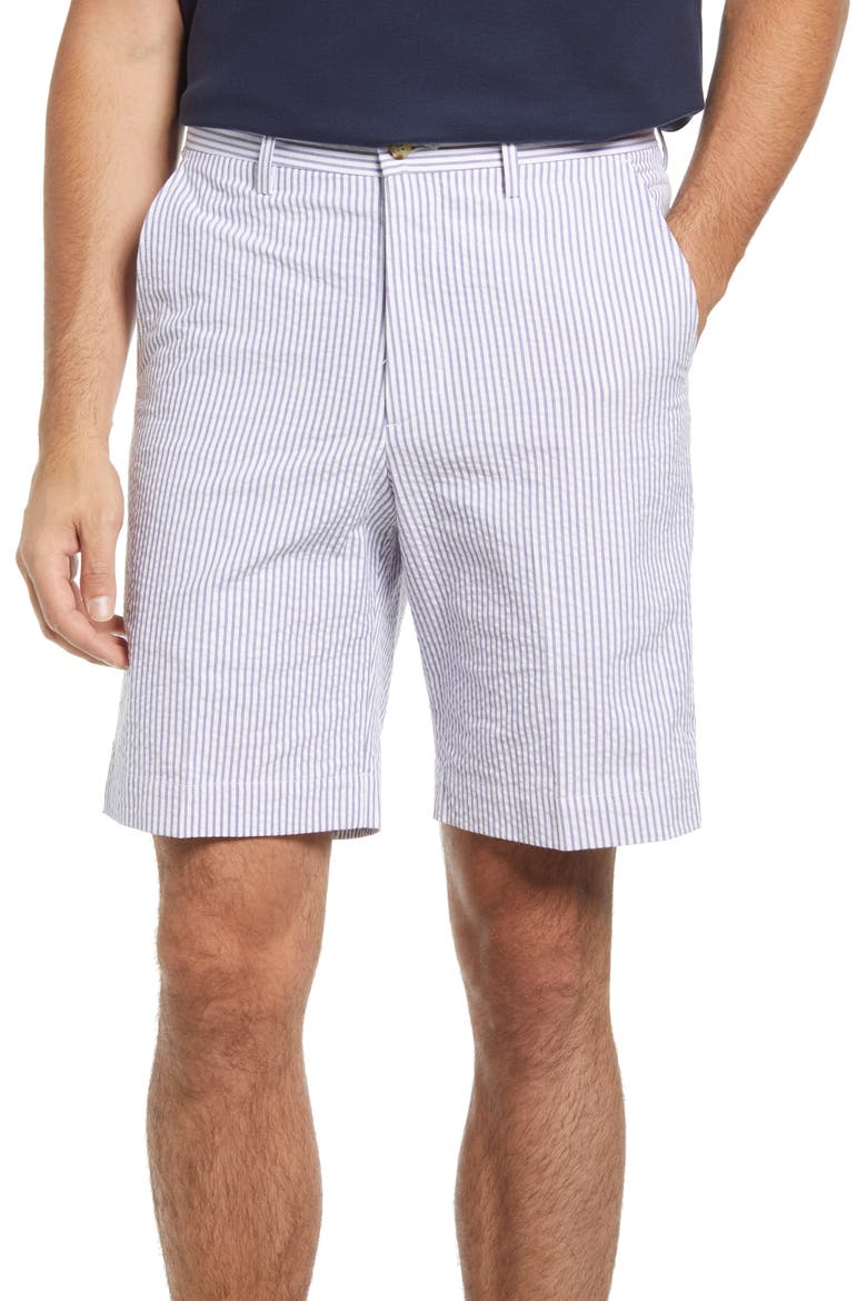 Flat Front Seersucker Shorts, Main, color, NAVY