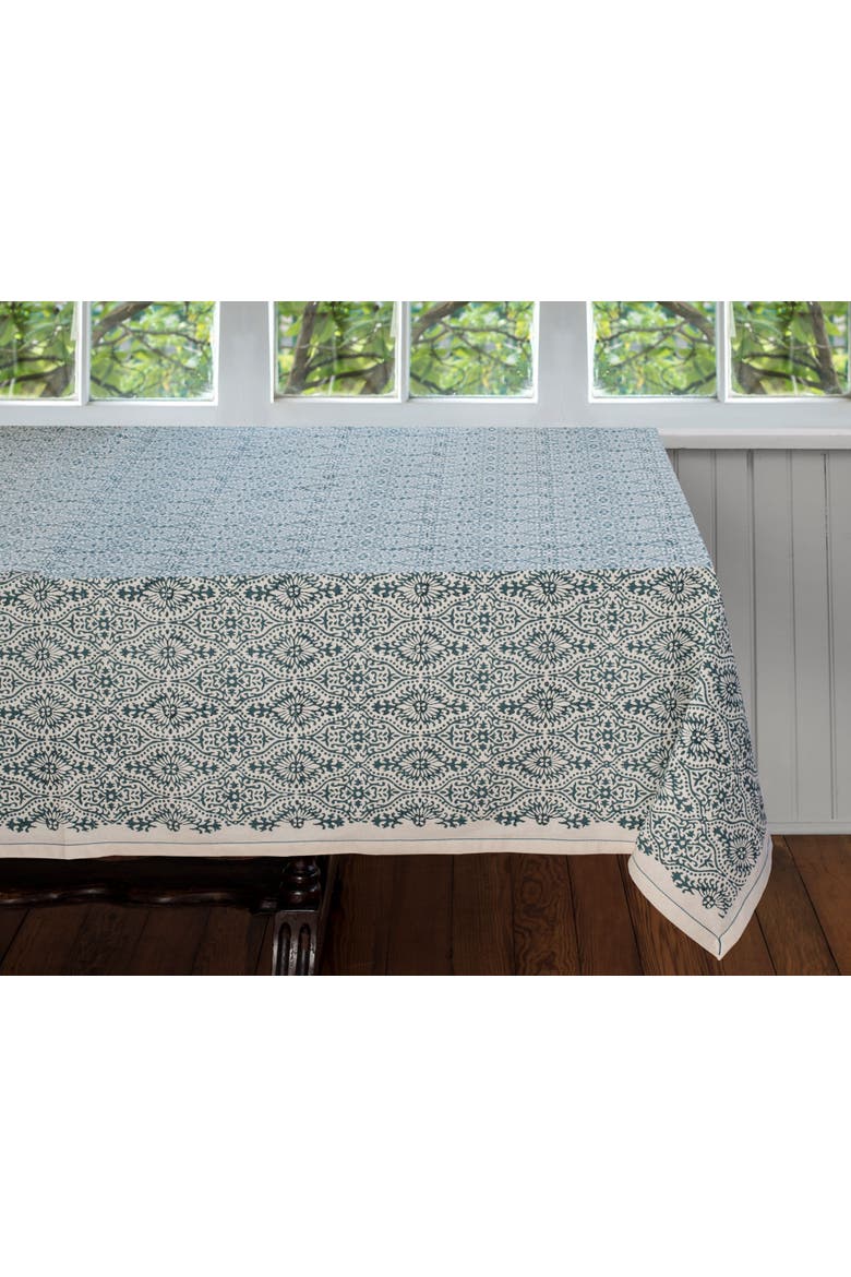 Hand Block Printed Tablecloth - 90" x 60", Main, color, Motifs Fog