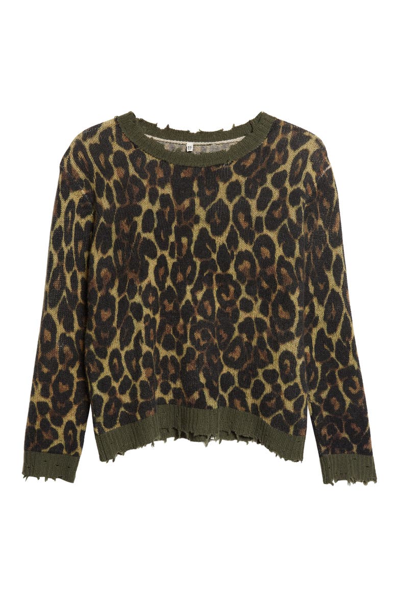 Relaxed Fit Distressed Leopard Print Cashmere Crewneck Sweater, Alternate, color, BROWN LEOPARD