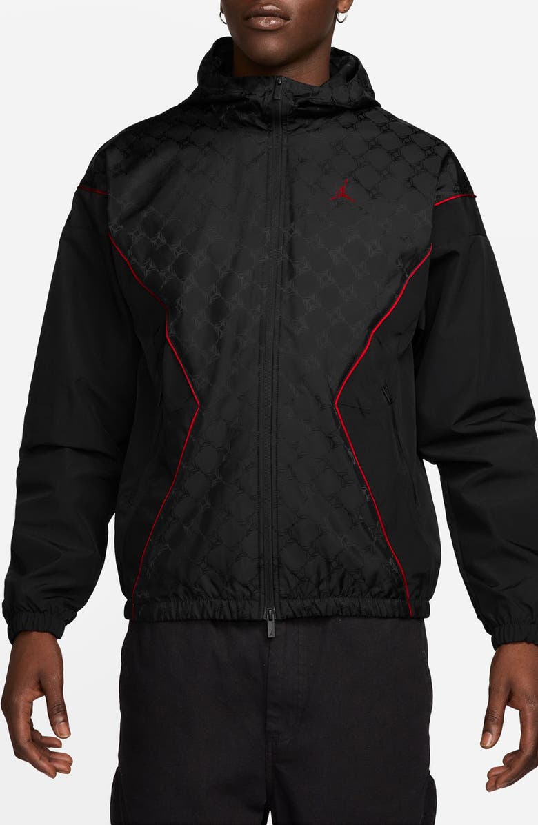 Jordan Brooklyn Printed Hooded Nylon Track Jacket, Main, color, Black/ Gym Red