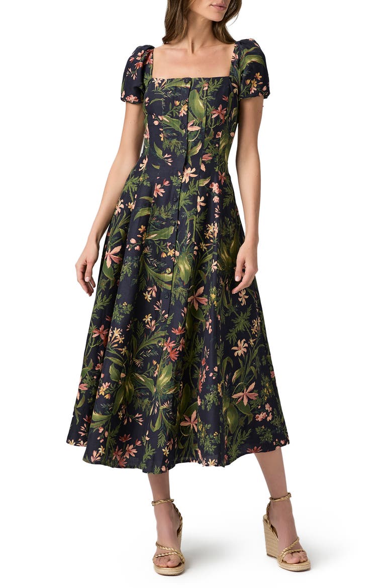 Lindi Floral Silk & Linen Paneled Midi Shirtdress, Alternate, color, DARK NAVY MULTI