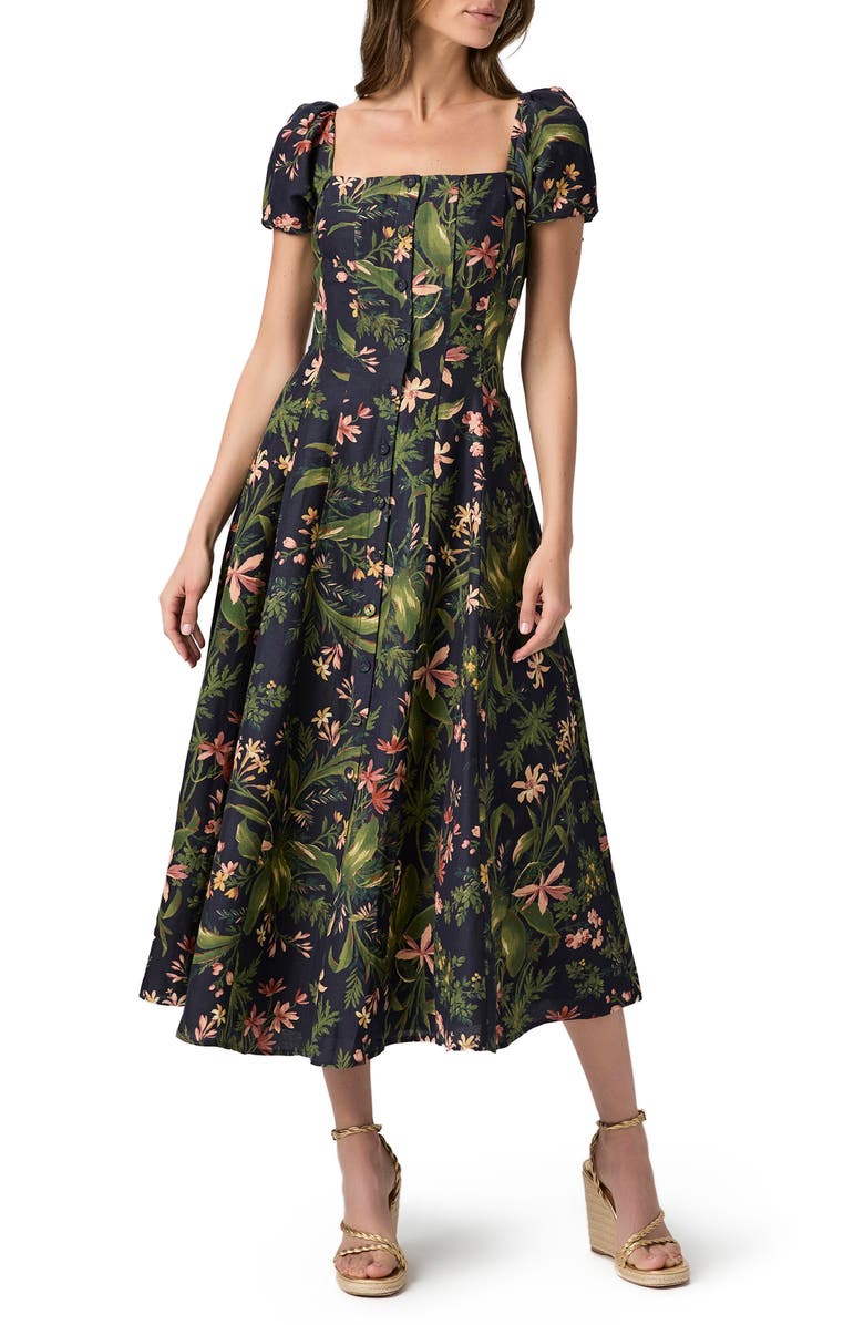 PAIGE Lindi Floral Silk & Linen Paneled Midi Shirtdress, Alternate, color, Dark Navy Multi