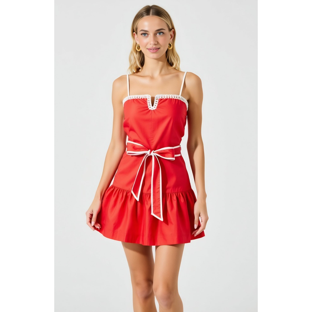 Modenaire Spaghetti Strap Mini Dress With Crochet Trim And Tie Waist In Red