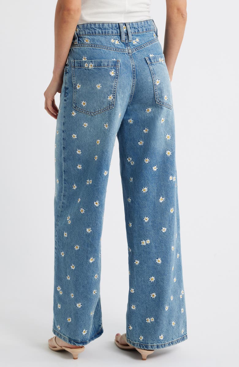 MANGO Flower Embroidered Wide Leg Jeans, Alternate, color, Medium Blue