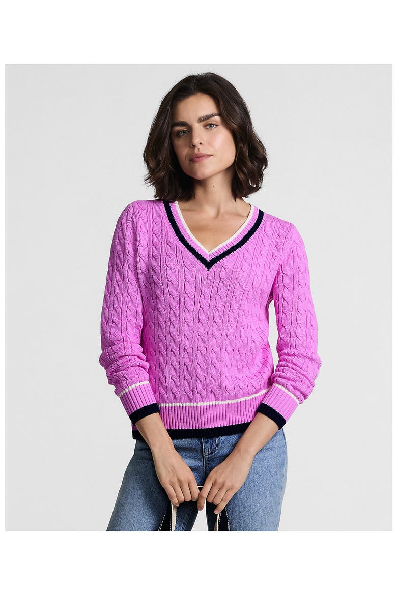 Drifter Cable V-neck Sweater, Alternate, color, Aster Pink Tipping