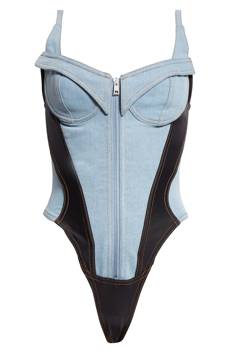 MUGLER Stretch Denim & Jersey Corset Bodysuit, Alternate, color, 