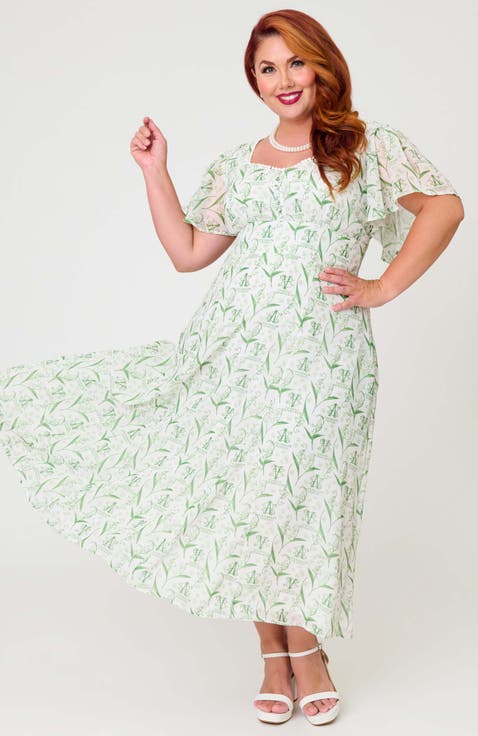 Plus Size Short Puff Sleeve Sweetheart Neck Godet Midi Dress