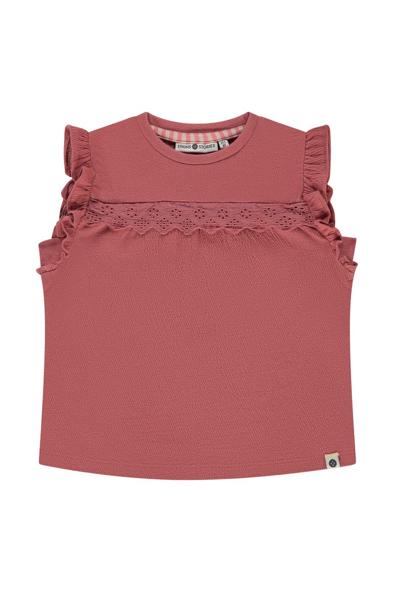 Ruffled Sleeve Eyelet Accent Top, Main, color, Ruby