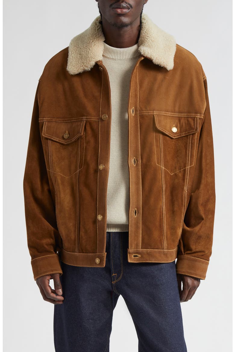 Journey Suede Trucker Jacket with Removable Faux Shearling Collar, Main, color, TOBACCO BROWN