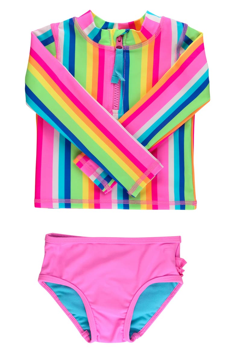 Kids' Long Sleeve Ruffle Hem Two-Piece Rashguard Swimsuit, Main, color, PINK MULTI