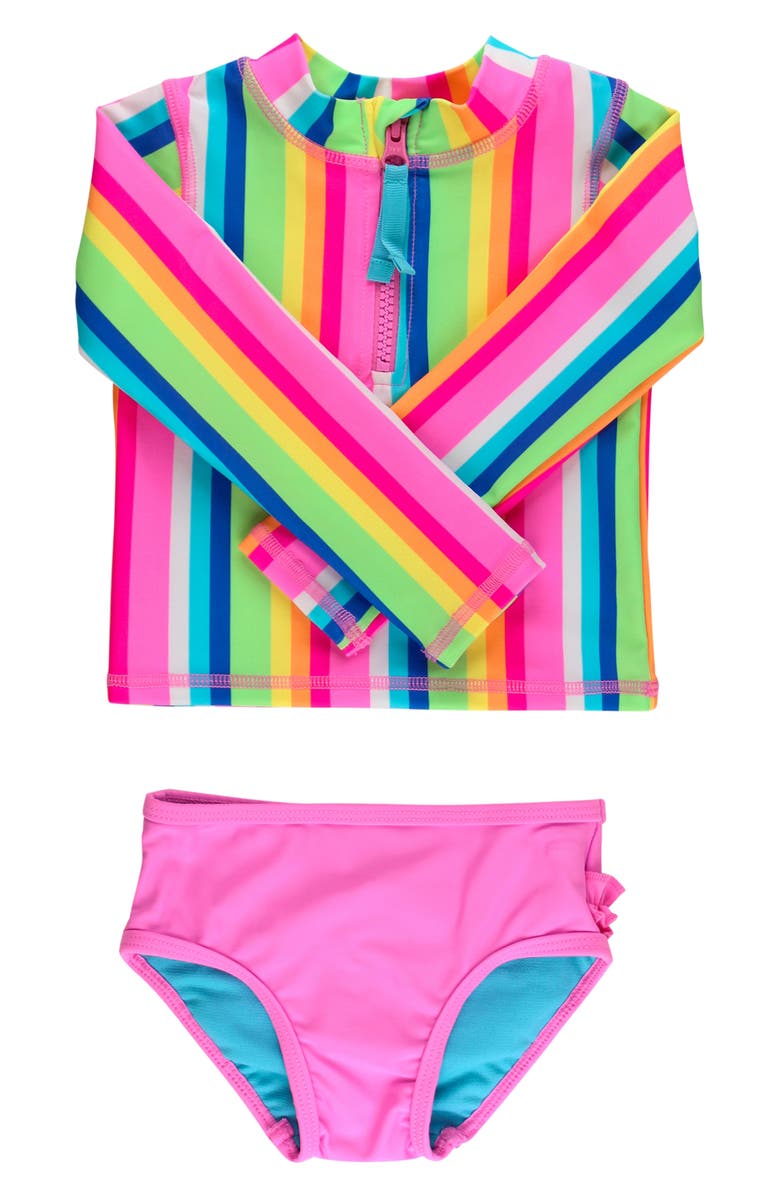 RuffleButts Kids' Long Sleeve Ruffle Hem Two-Piece Rashguard Swimsuit, Main, color, 
