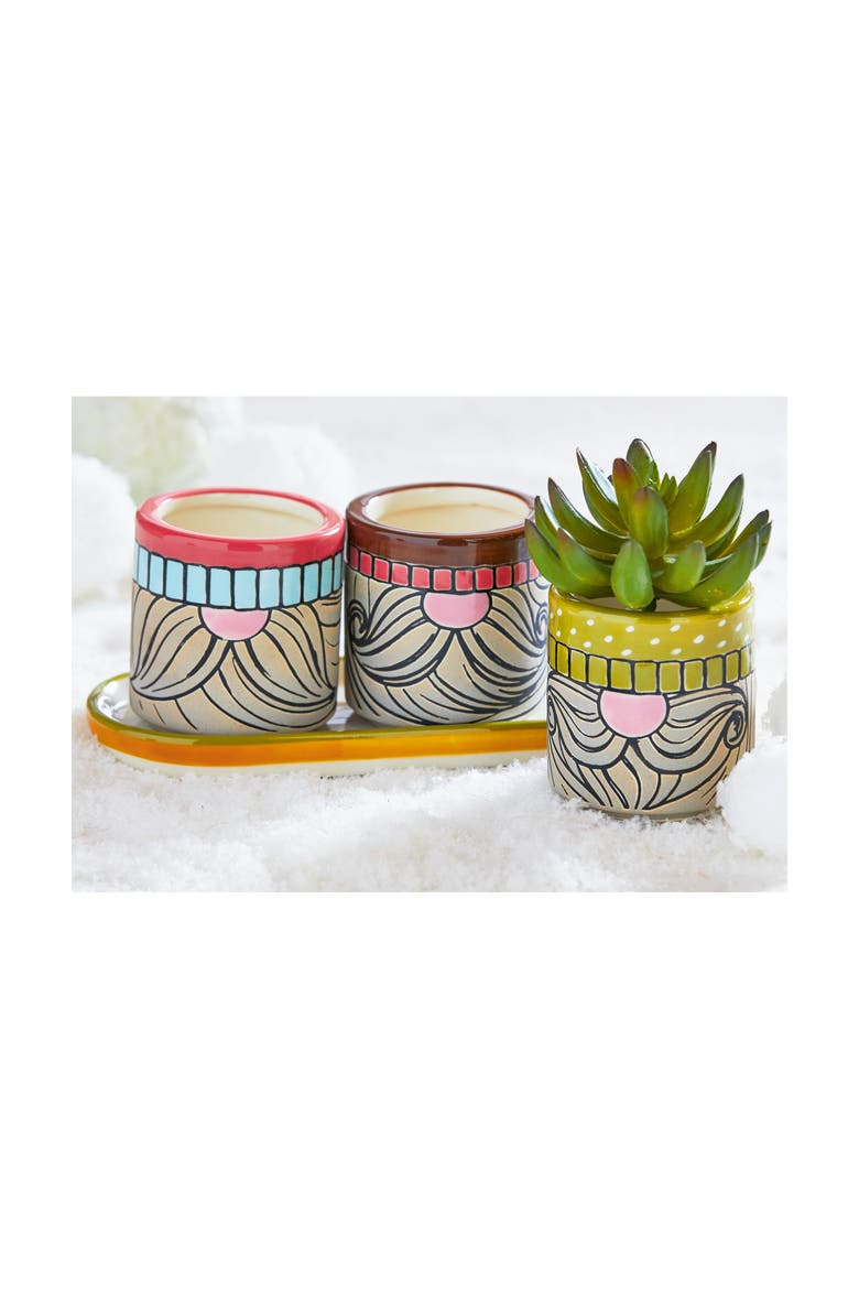 Gnome Mini Planters with Tray Multicolor Ceramic Garden Pots, Alternate, color, Green