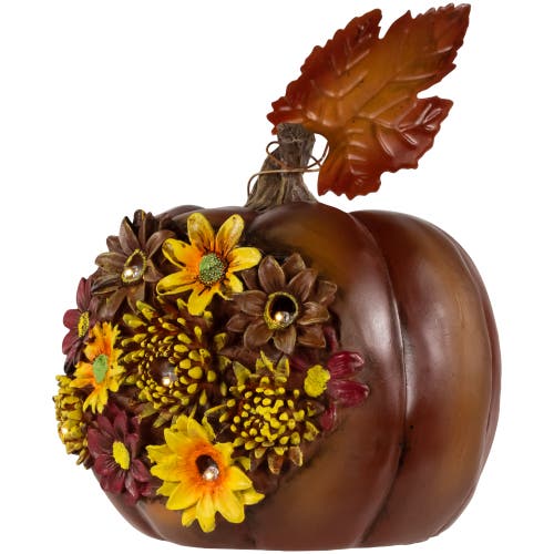Northlight Led Lighted Solar Powered Floral Fall Harvest Pumpkin Outdoor Decoration In Brown
