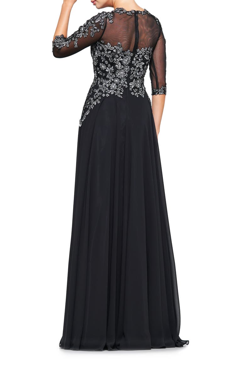 Metallic Lace & Chiffon A-Line Evening Gown, Alternate, color, BLACK