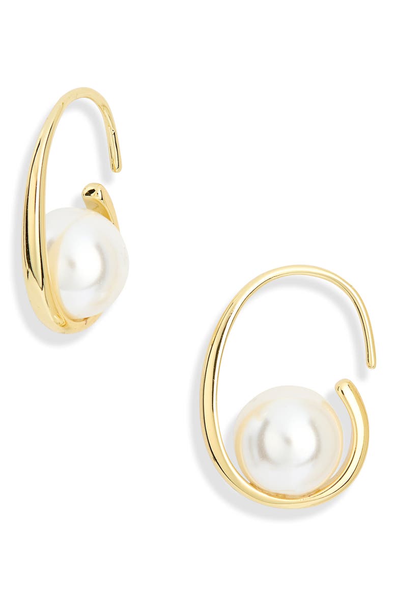 Demi-Fine Imitation Pearl J Hoop Earrings, Main, color, WHITE- GOLD