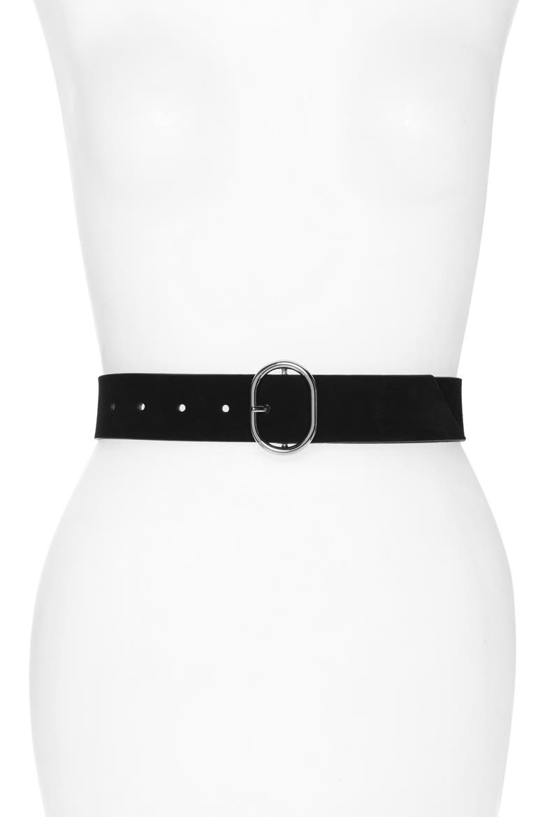 Oval Buckle Leather Belt, Main, color, BLACK