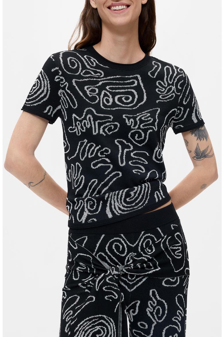 Jacquard Short Sleeve Knit Top, Main, color, BLACK