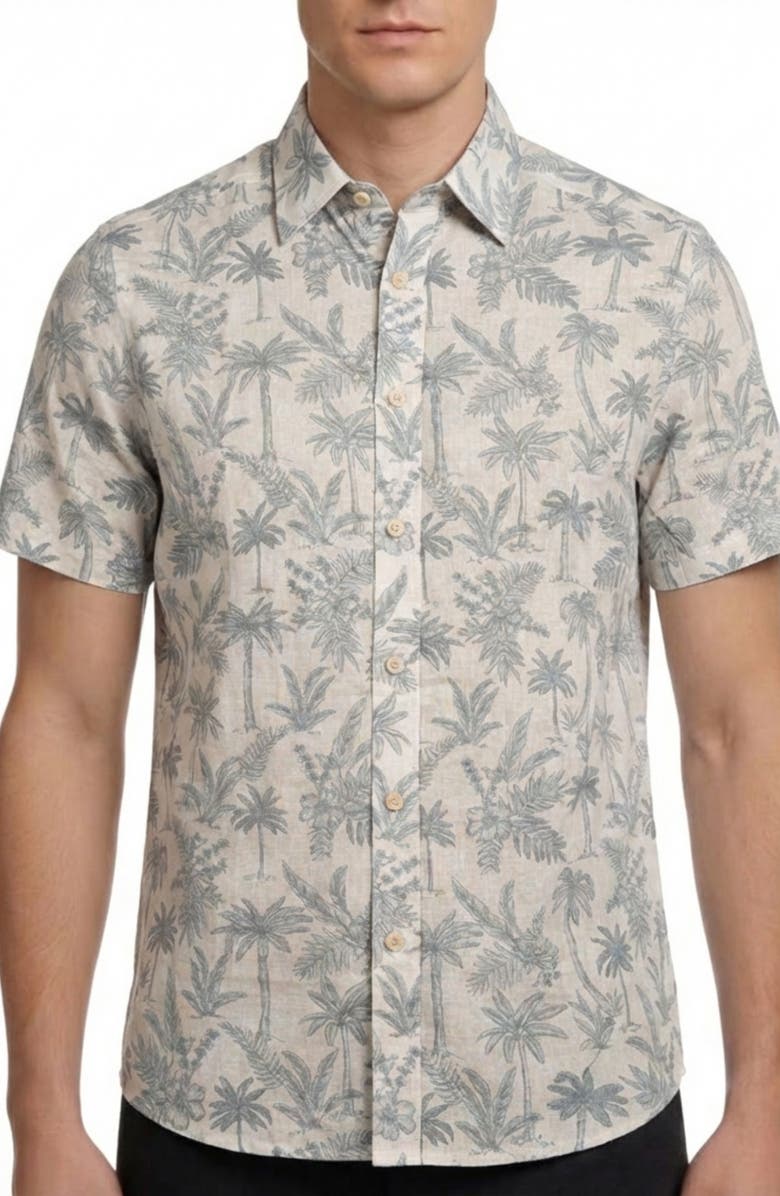 Report Collection Tropical Print Short Sleeve Linen & Cotton Button-Up Shirt, Main, color, White