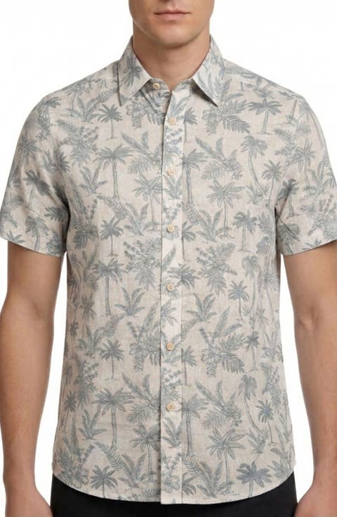 Tropical Print Short Sleeve Linen & Cotton Button-Up Shirt