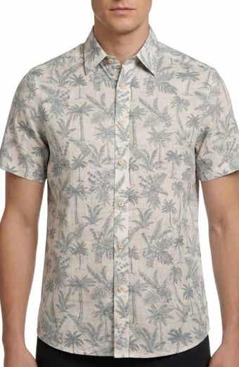 Report Collection Tropical Print Short Sleeve Linen & Cotton Button-Up Shirt