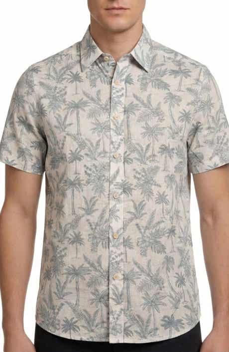 Report Collection Tropical Print Short Sleeve Linen & Cotton Button-Up Shirt
