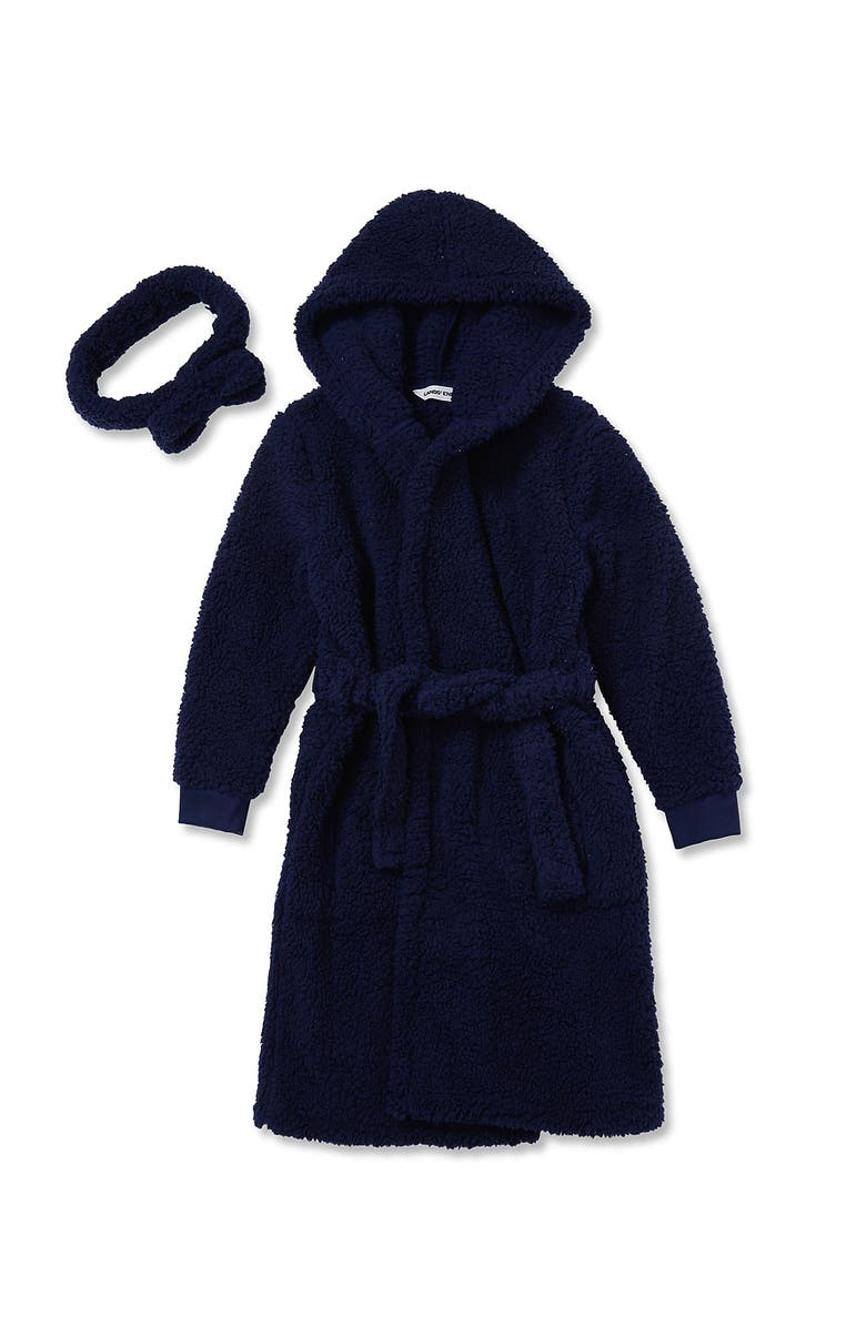 Lands' End Kids High Pile Plush Hooded Robe and Headband, Main, color, Navy