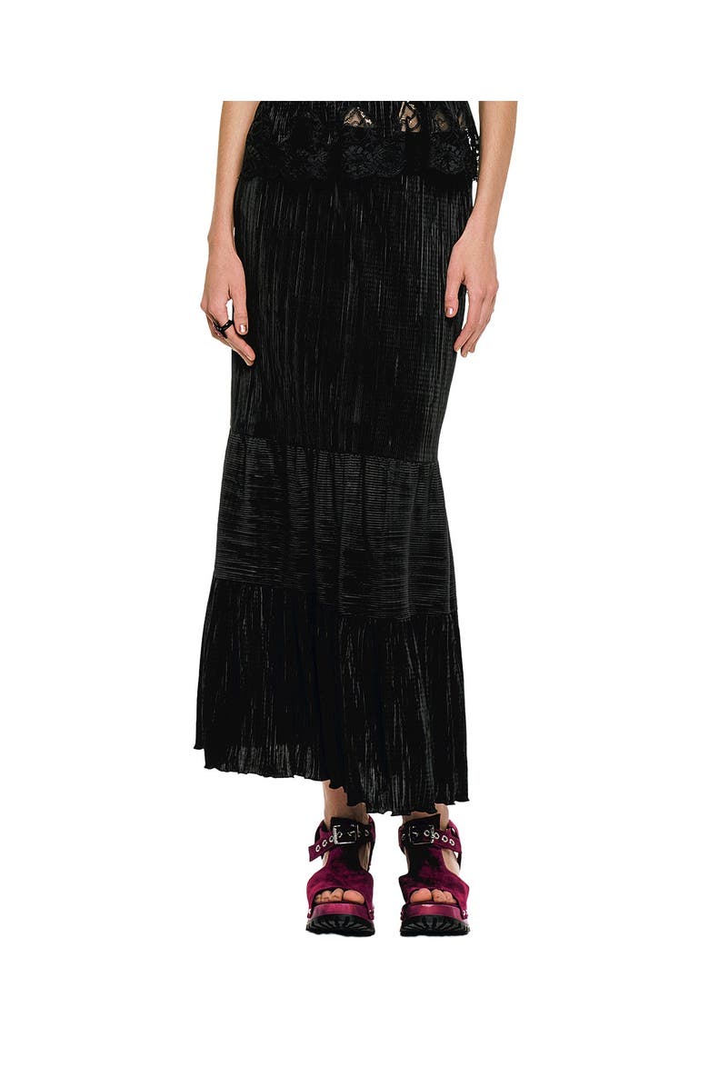 Anna Sui Plisse Tiered Maxi Skirt, Main, color, Black