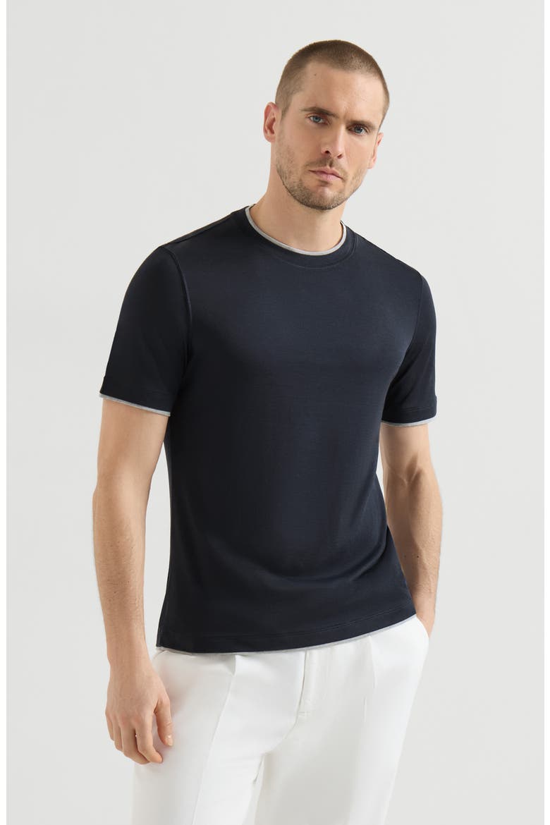 Silk and cotton lightweight jersey crew neck T-shirt with faux-layering, Main, color, Cobalt