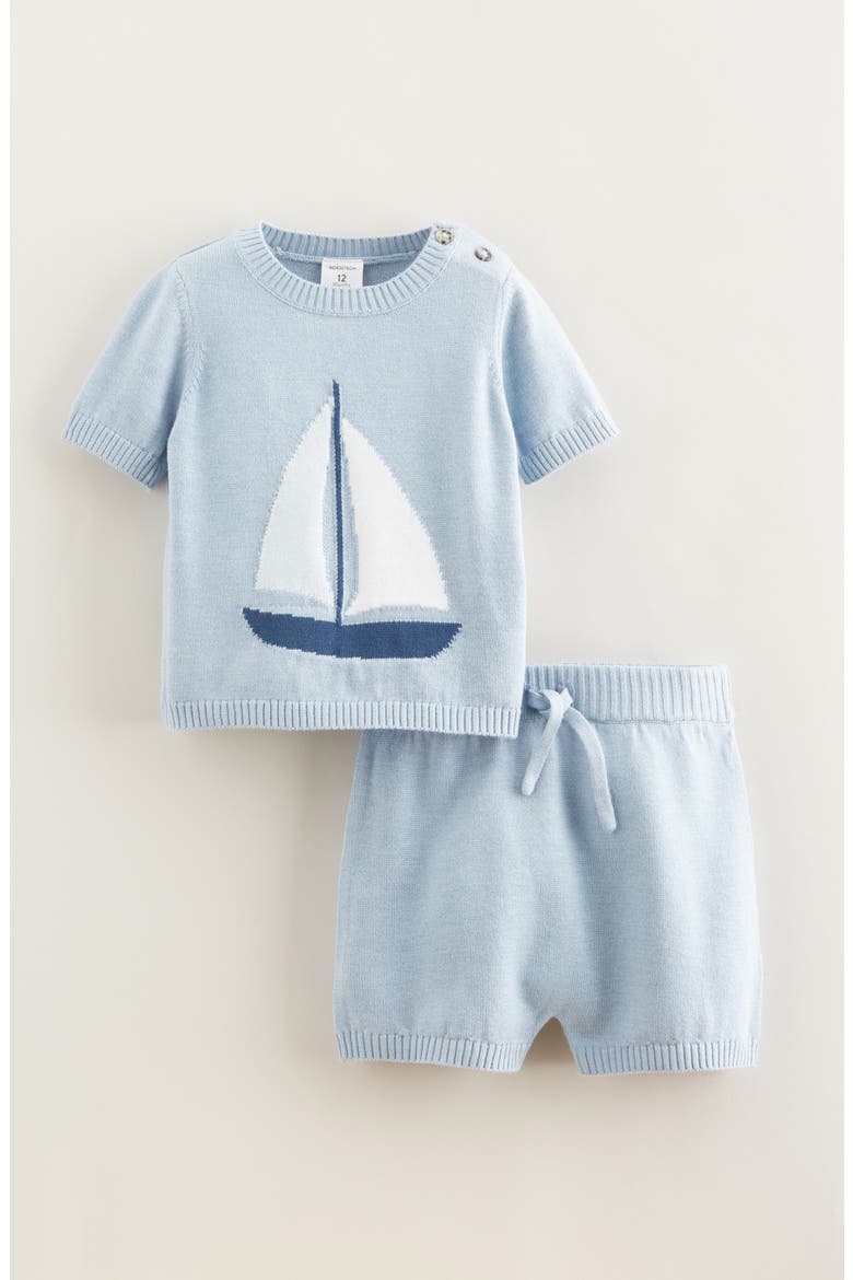 Motif Short Sleeve Cotton Blend Sweater & Shorts Set, Main, color, BLUE FOG MELLOW SAILBOAT