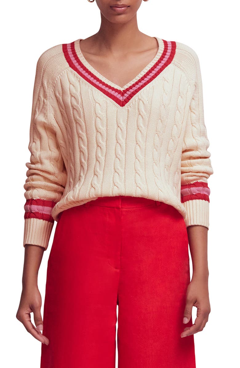 Boden Maeve Cable Stitch Cotton V-Neck Sweater, Main, color, 