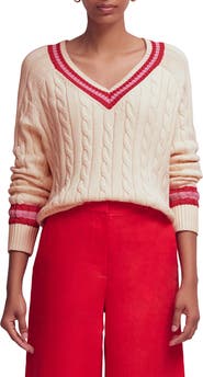 Boden Maeve Cable Stitch Cotton V-Neck Sweater
