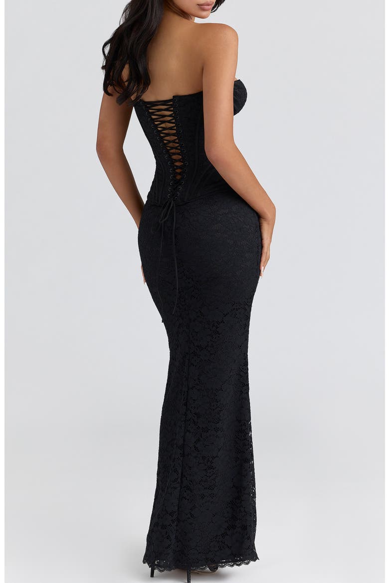 Solaine Lace-Up Strapless Lace Corset Gown, Alternate, color, BLACK