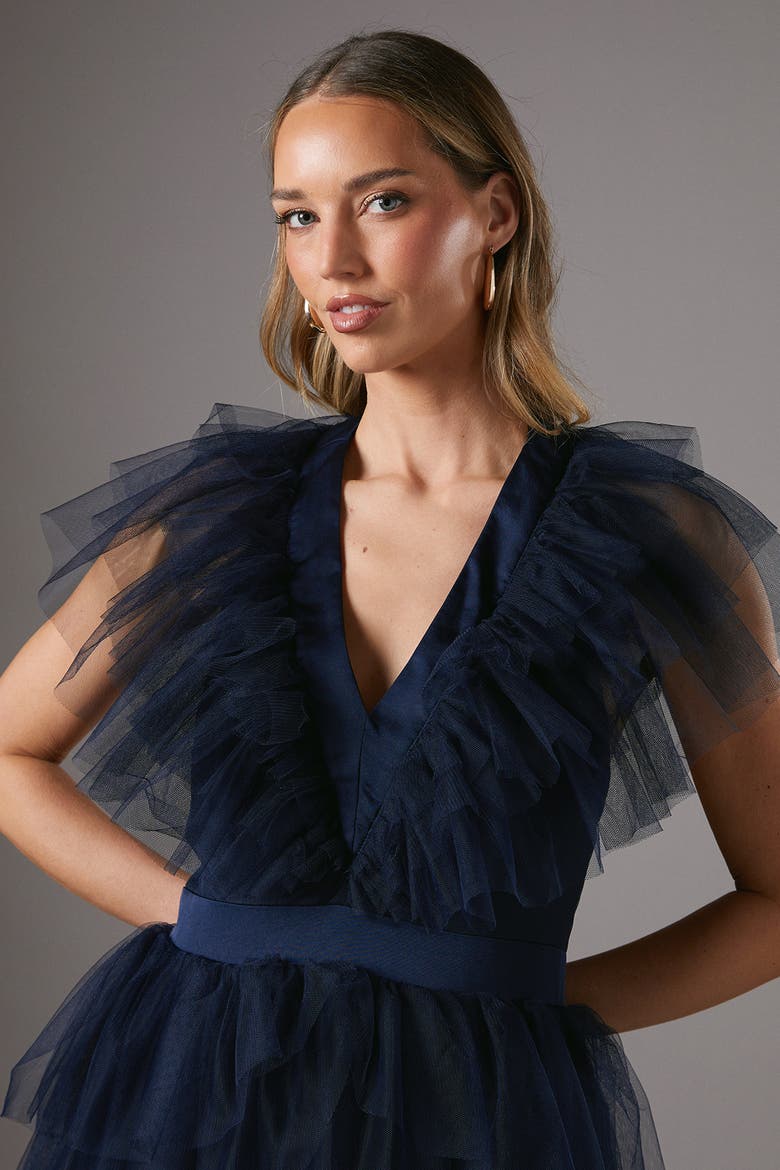 Mesh V-Neck Halter Tiered Maxi Dress, Alternate, color, Navy