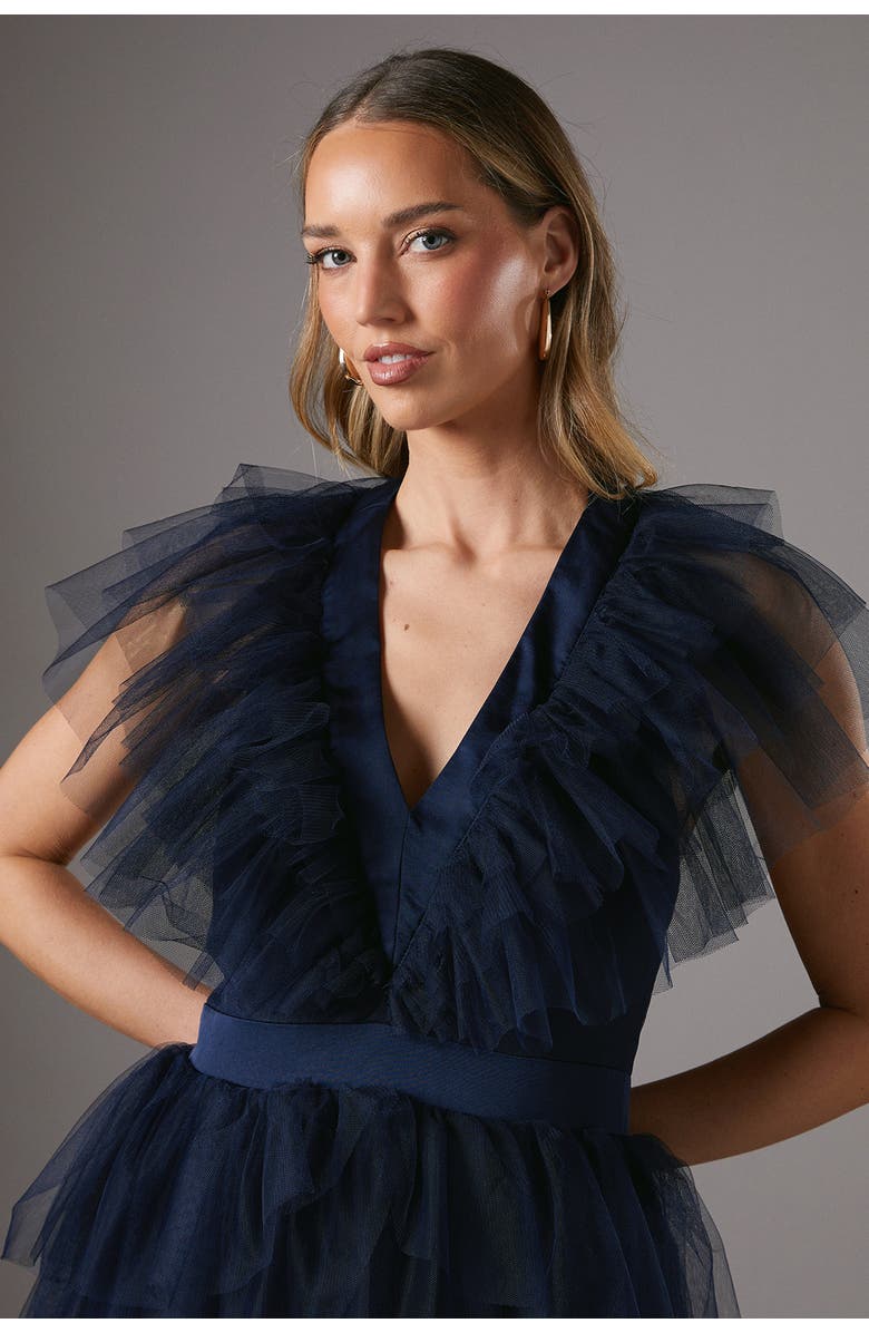 Coast Mesh V-Neck Halter Tiered Maxi Dress, Alternate, color, Navy