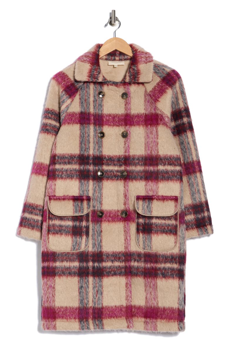 Plaid Faux Fur Peacoat, Alternate, color, BEIGE BURGUNDY PLAID