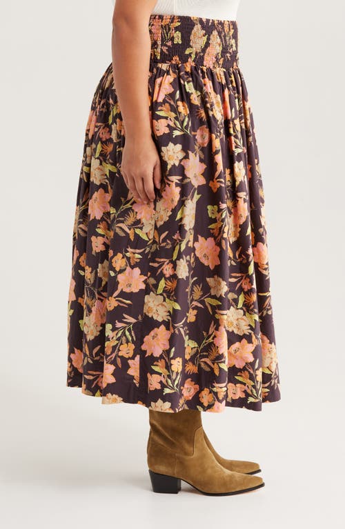 Treasure & Bond Floral Print Smocked Waist Skirt In Brown