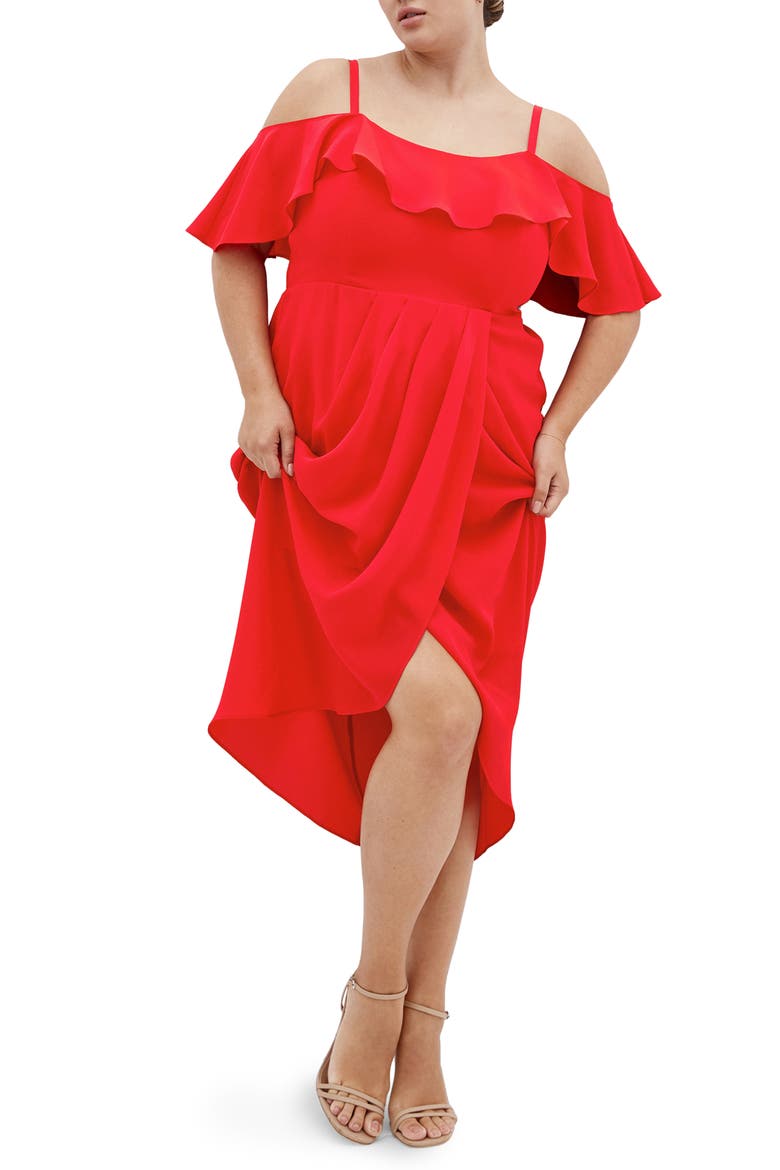 Flirtation Ruffle Off the Shoulder Cocktail Dress, Main, color, TIGERLILY